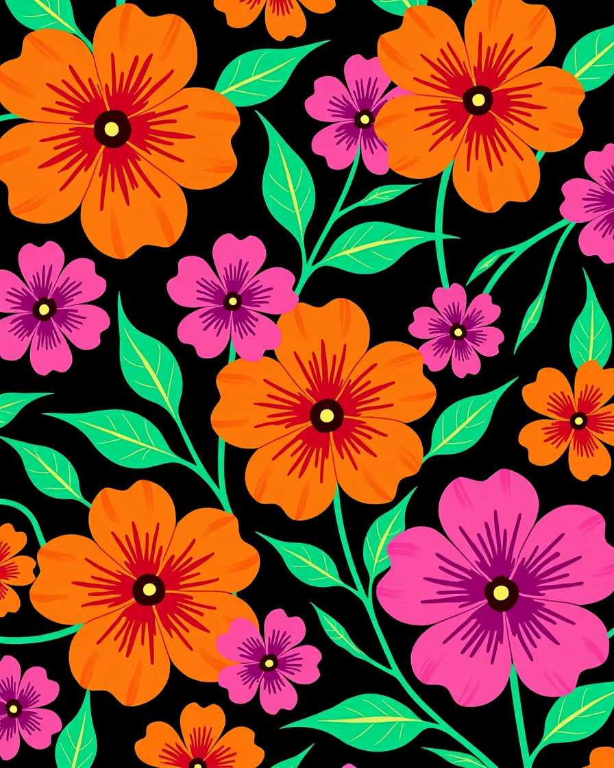 Vibrant Pink Orange Floral Black Background Rug