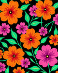 Vibrant Pink Orange Floral Black Background Rug