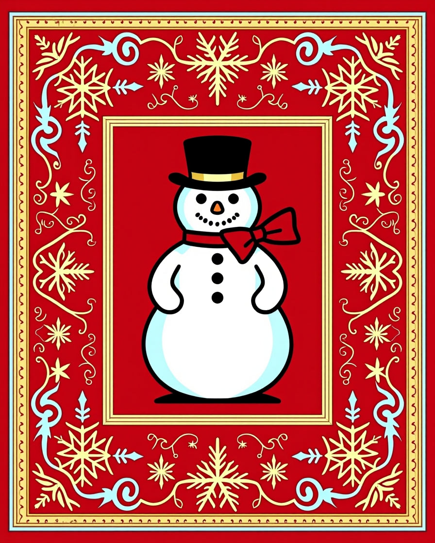 Festive Snowman Red Snowflake Frame Rug