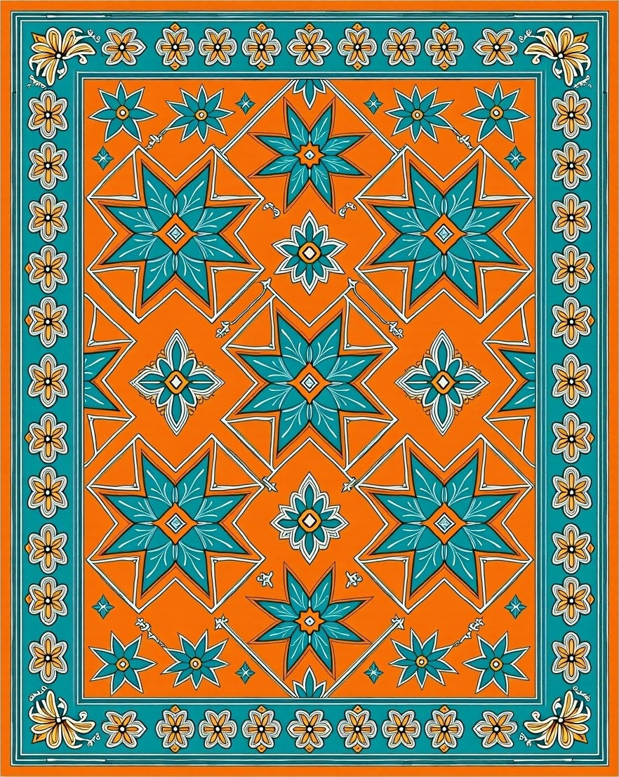 Orange Teal Star Floral Pattern Rug
