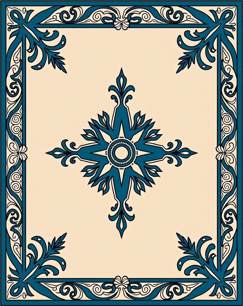 Teal Beige Ornate Scroll Medallion Rug