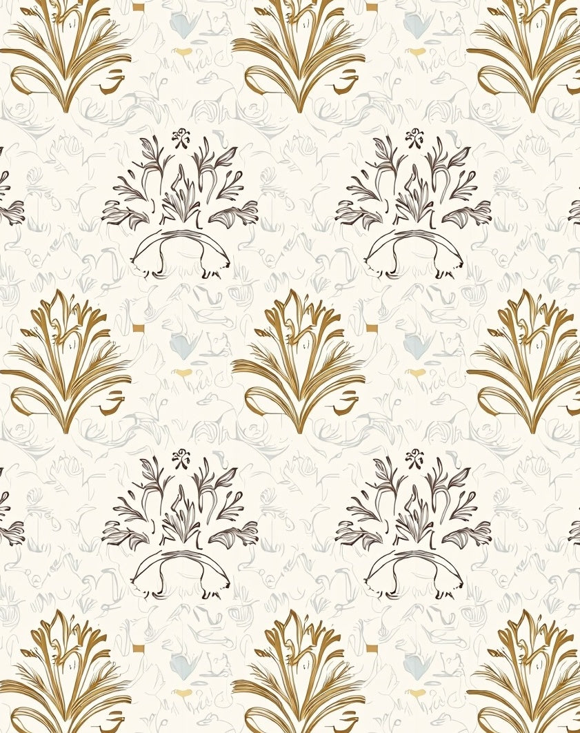 Gold Brown Floral Sketch Pattern Rug