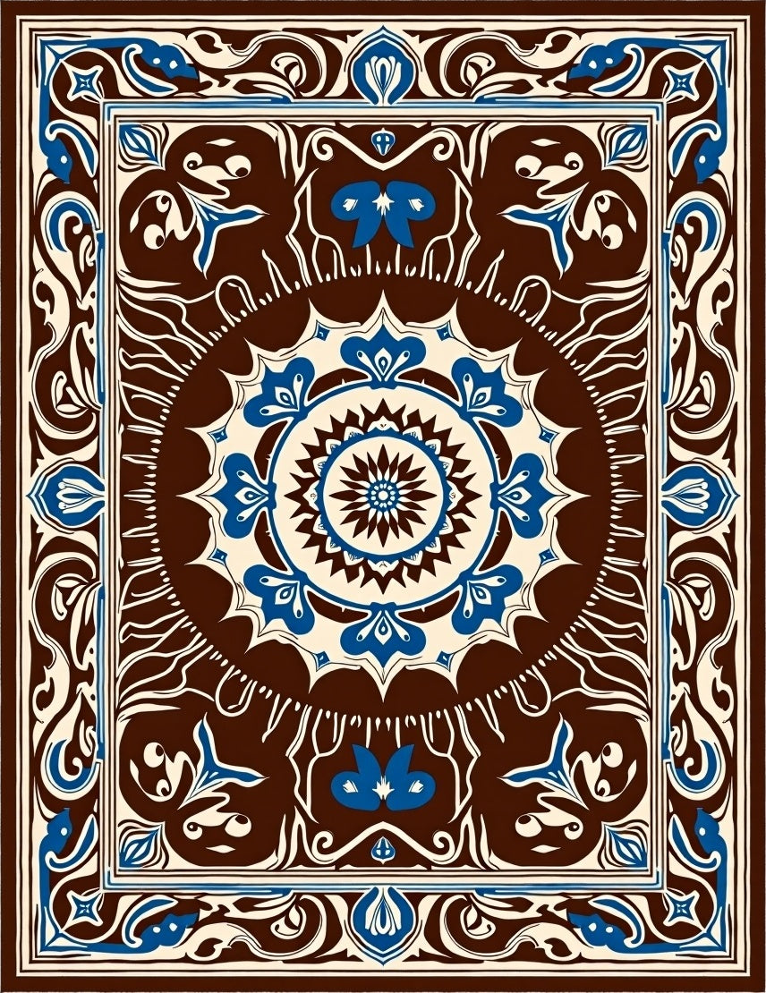 Rich Brown Blue Floral Mandala Design Rug