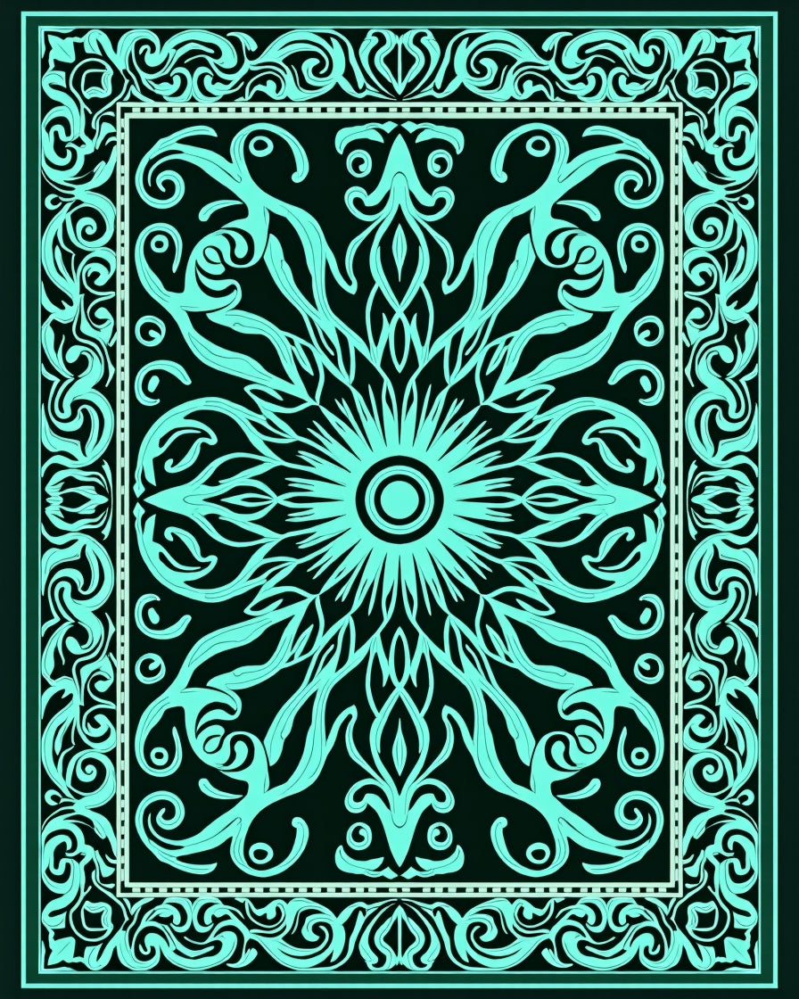 Ornate Teal Sunburst Pattern Design Rug