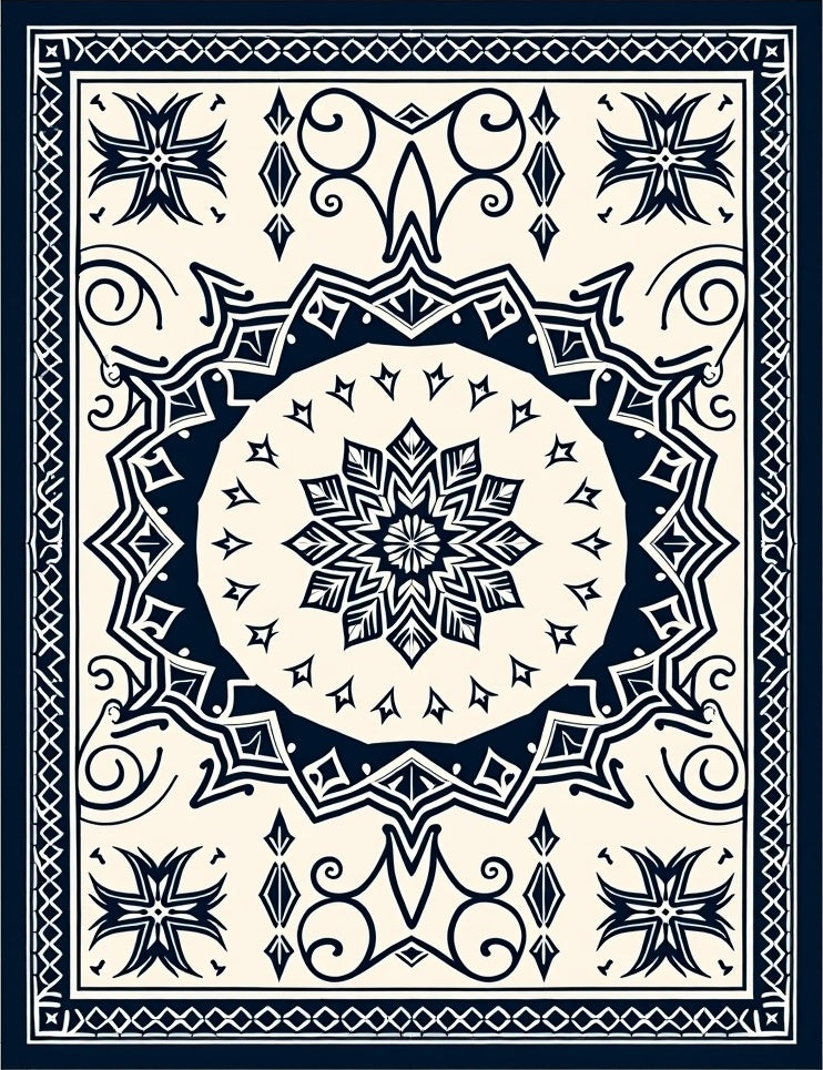 Ornate Dark Blue Mandala Floral Rug