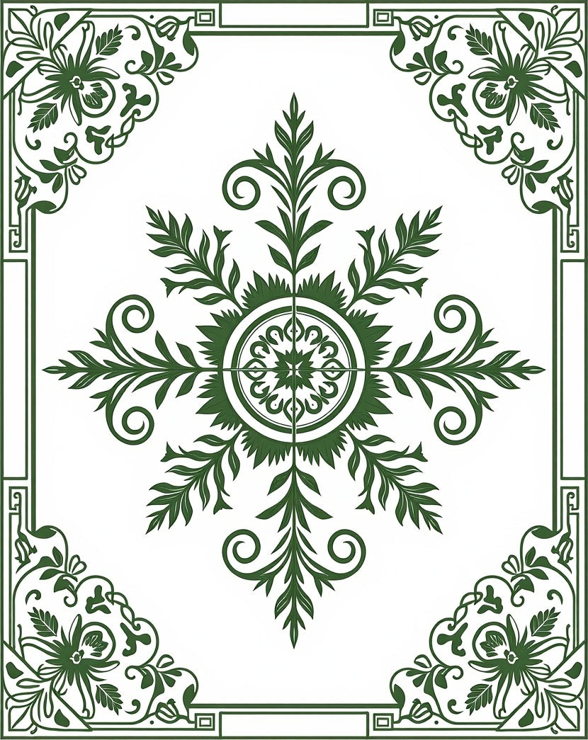 Elegant Green Floral Scroll Pattern Rug