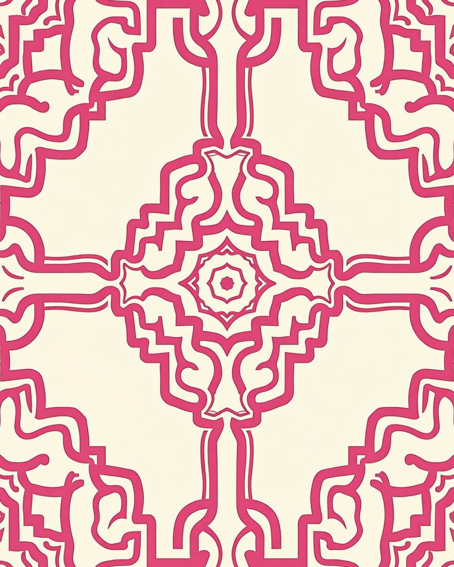 Vibrant Pink Baroque Scroll Tile Rug