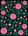 Pink Floral Vines On Black Background Rug
