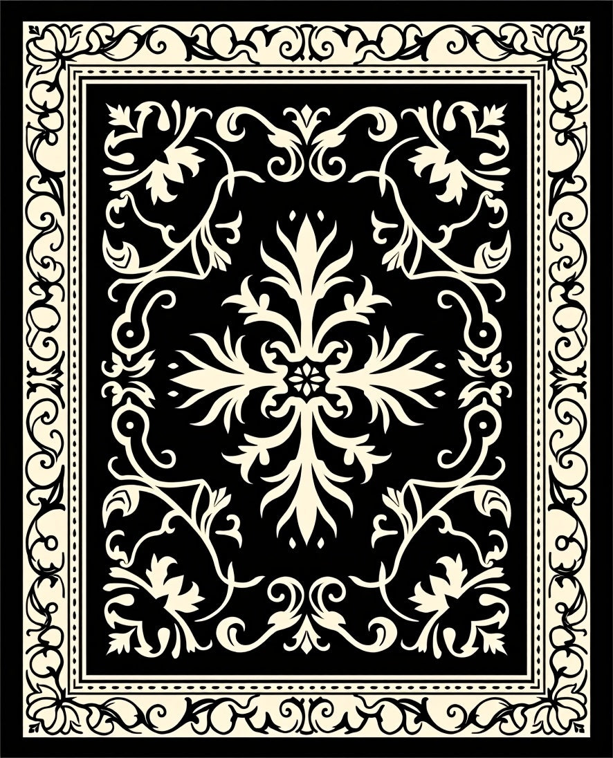 Black Cream Arabesque Flourish Pattern Rug