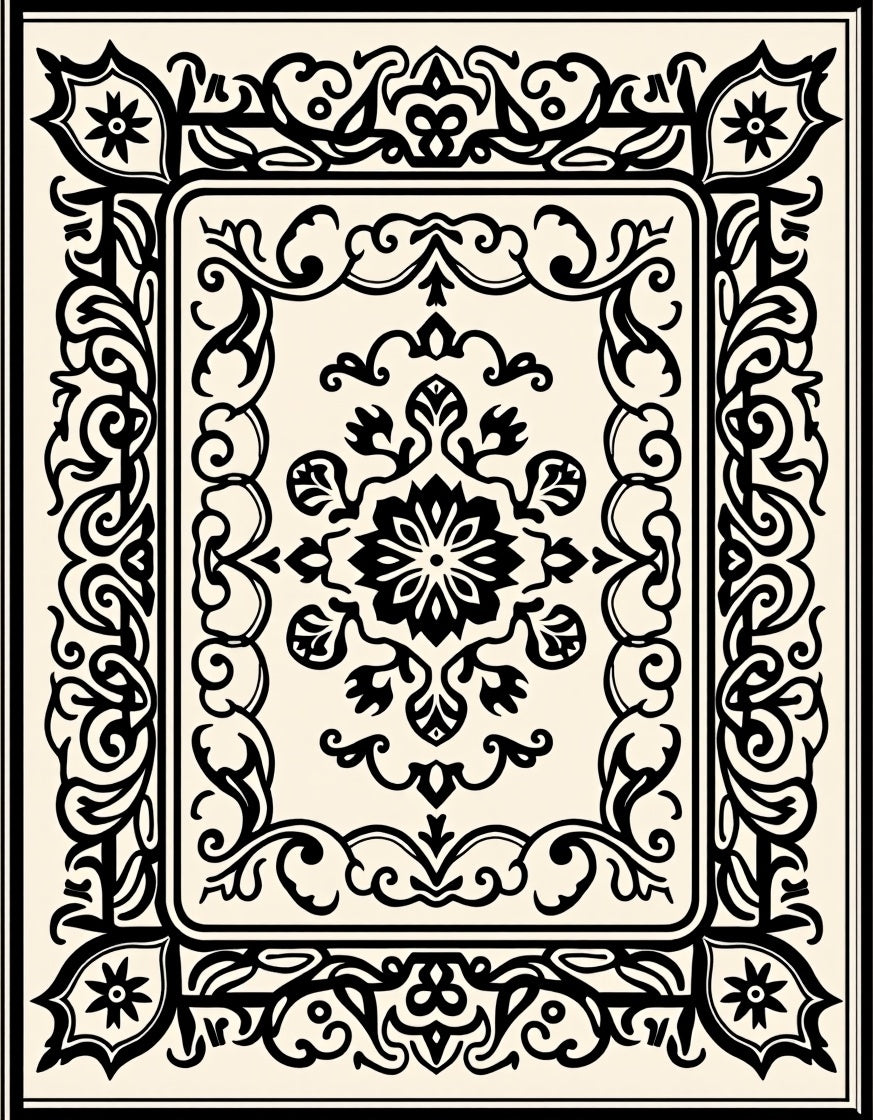 Ornate Floral Scroll Filigree Border Rug