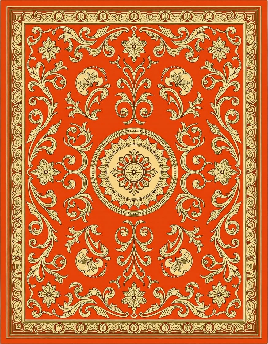 Ornate Floral Scrolling Red Gold Rug