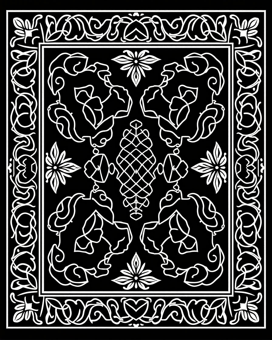 Black White Intricate Floral Scroll Rug