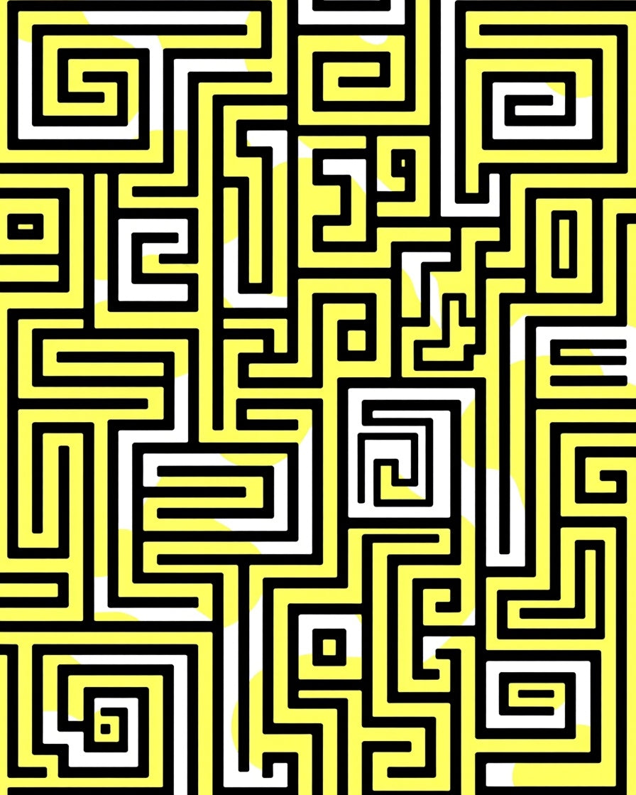 Abstract Yellow Black Maze Pattern Rug