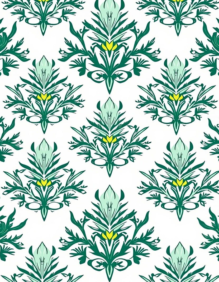Green Yellow Floral Damask Pattern Rug