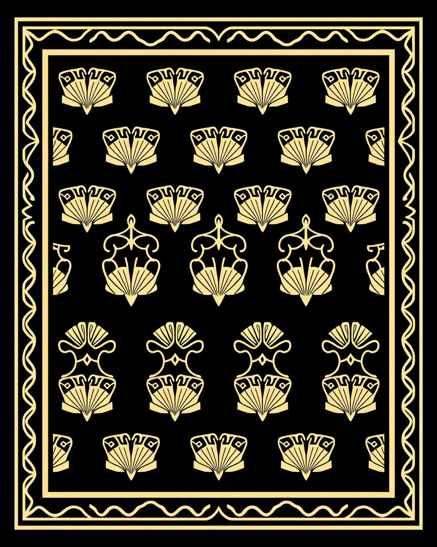 Elegant Fan Motif Black Gold Rug