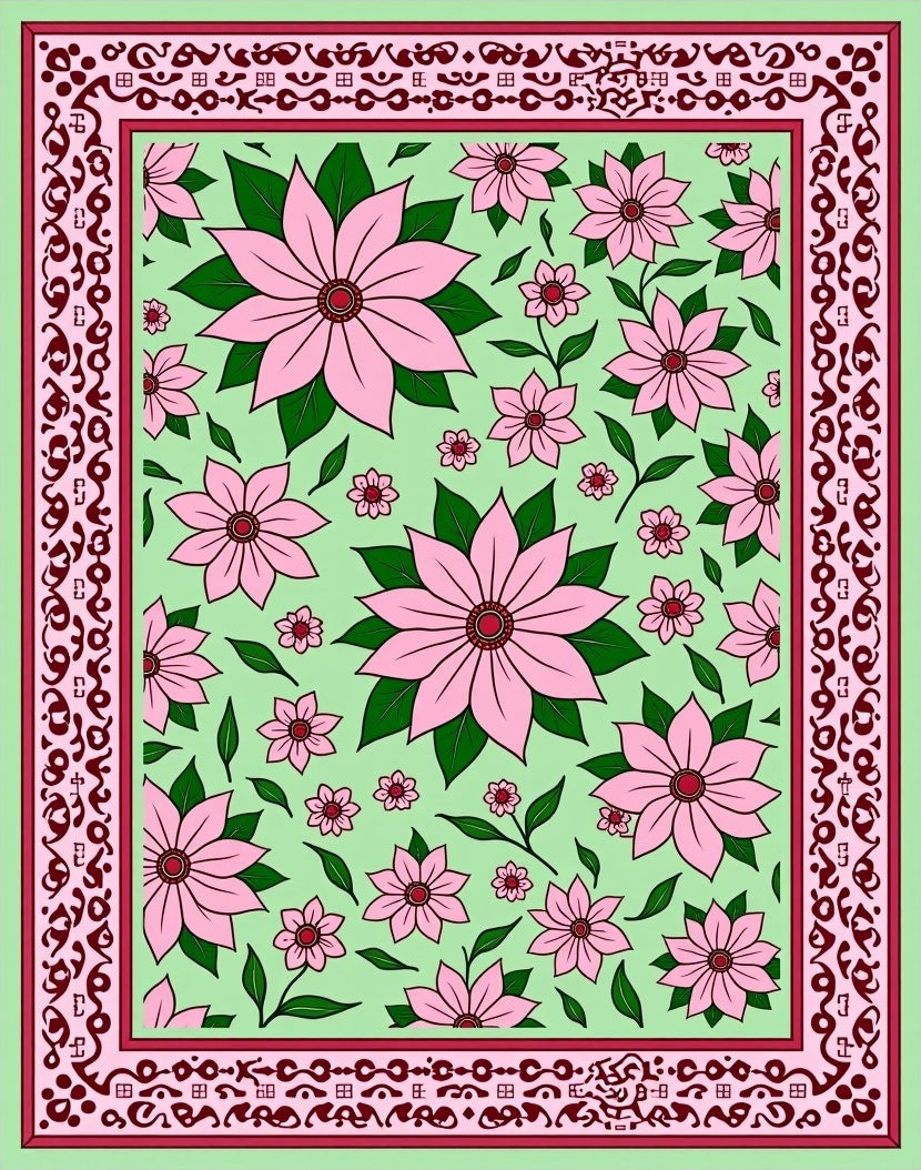 Floral Patterned Deco Border Rug