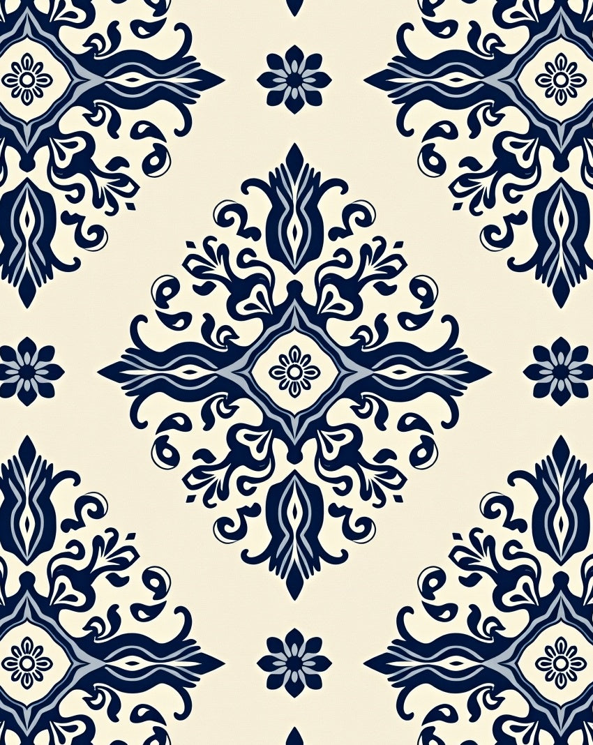 Classic Indigo Scrollwork Floral Motif Rug