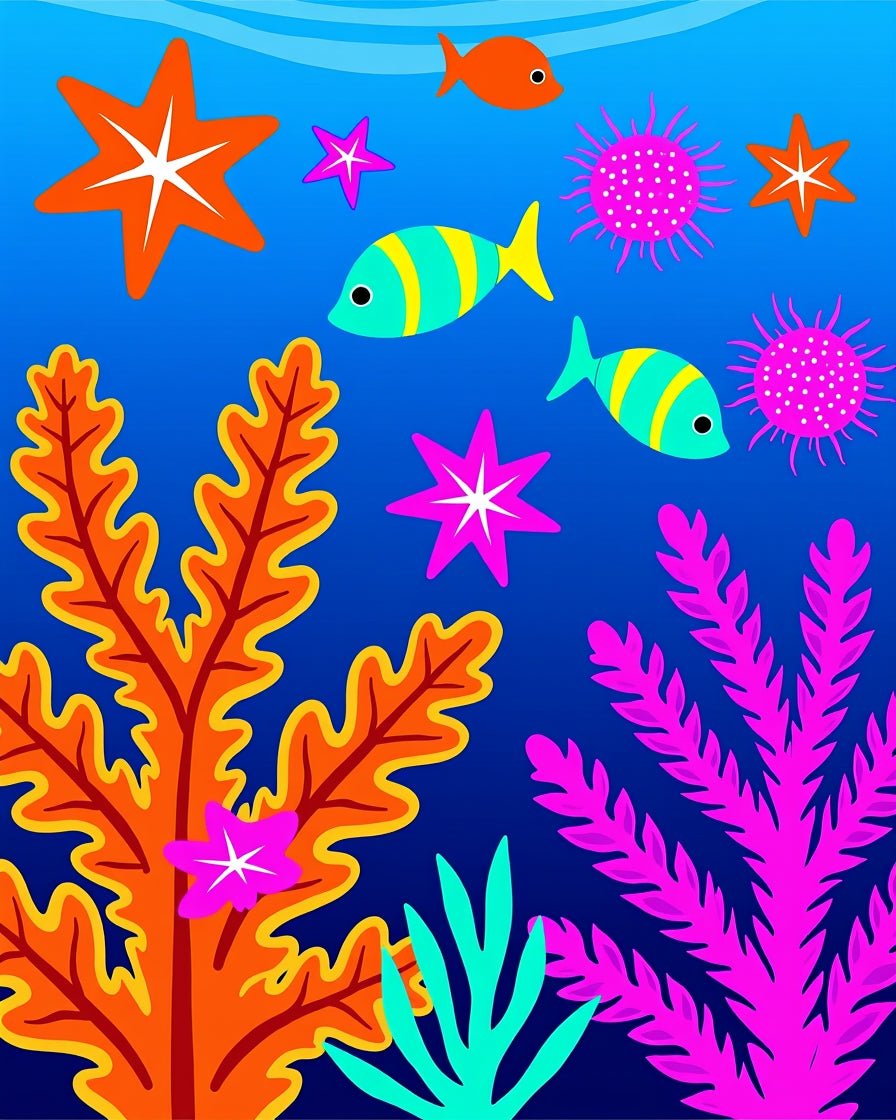 Colorful Ocean Life Coral Starfish Fish Rug