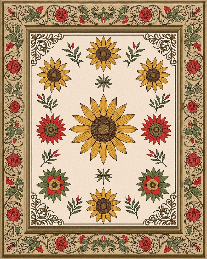 Floral Sunflower Rose Border Rug