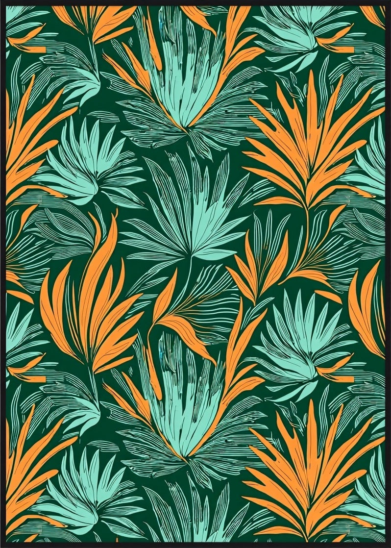 Tropical Orange Aqua Leaf Medley Rug