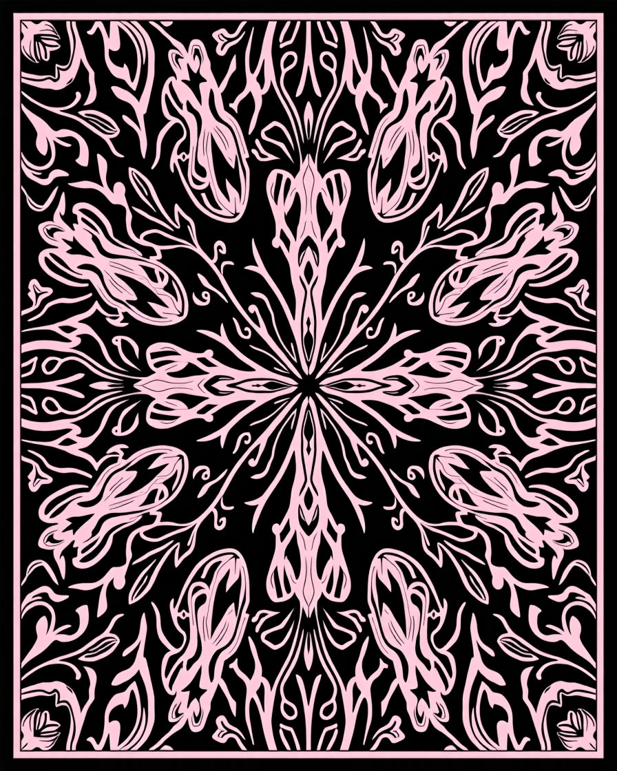 Pink And Black Floral Mandala Design Rug