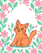 Cute Orange Cat Floral Border Rug