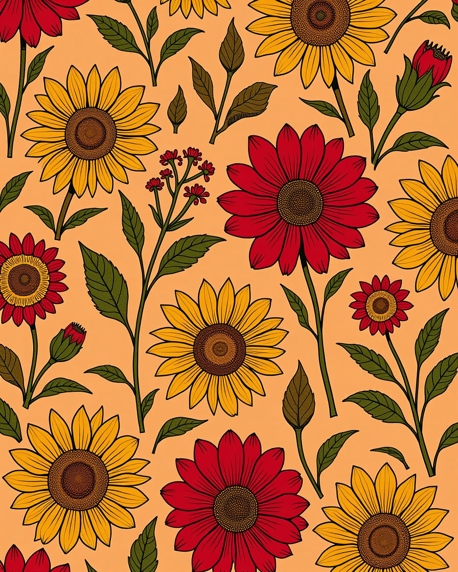 Sunny Bloom Pattern Red Yellow Flowers Rug