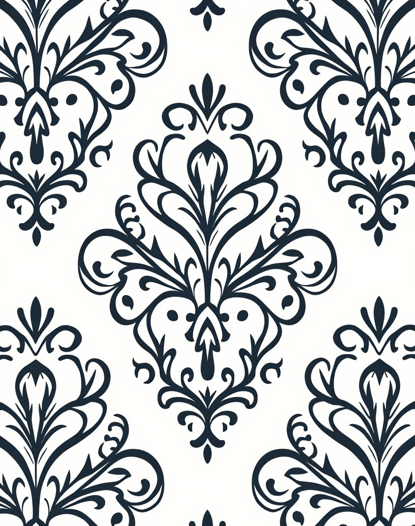 Dark Blue Damask Scroll Pattern Design Rug