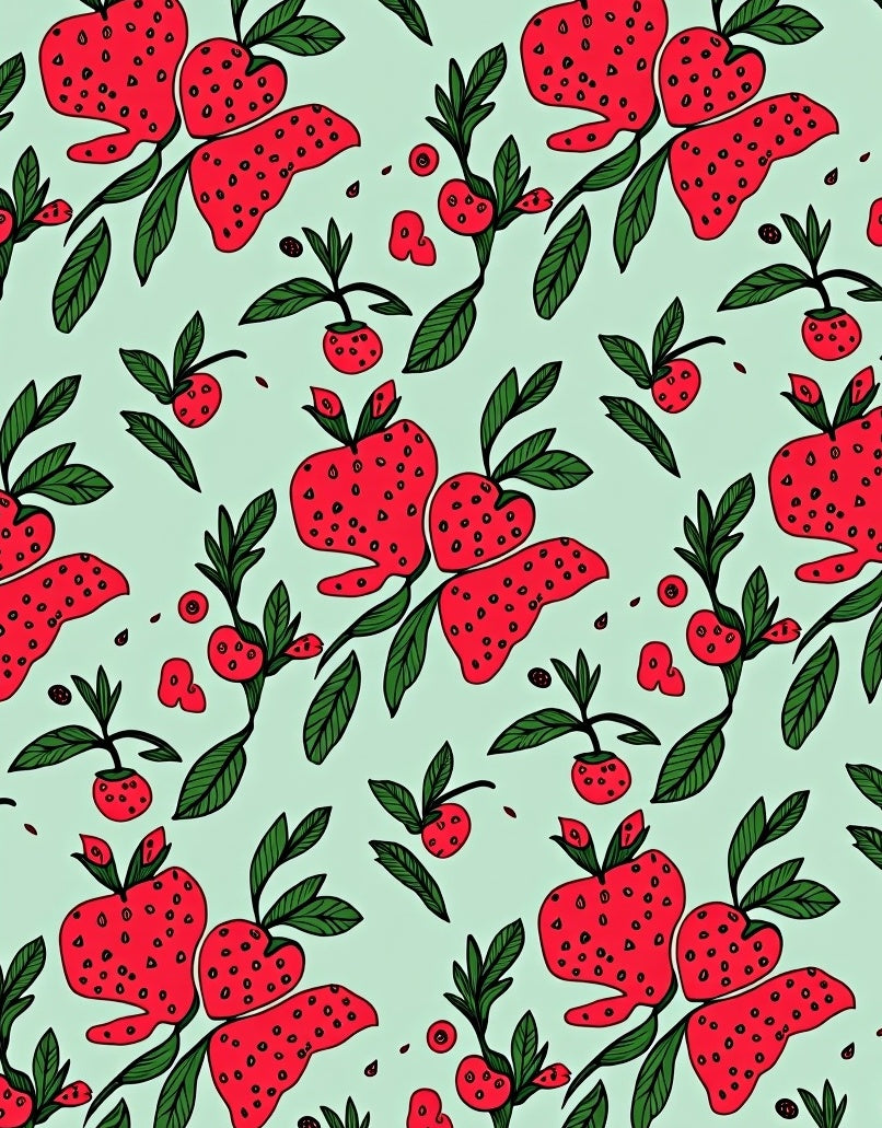 Red Strawberry Green Leaf Pattern Rug