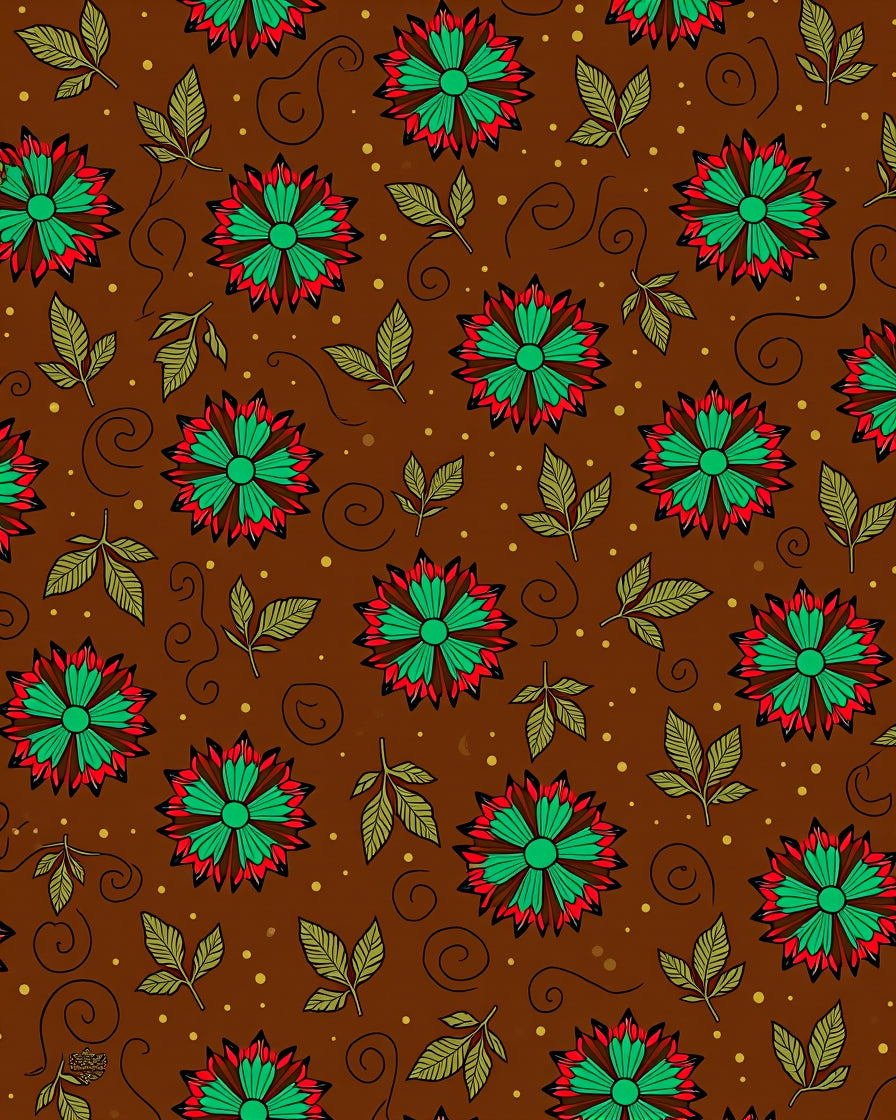 Red Green Floral Swirls Pattern Rug