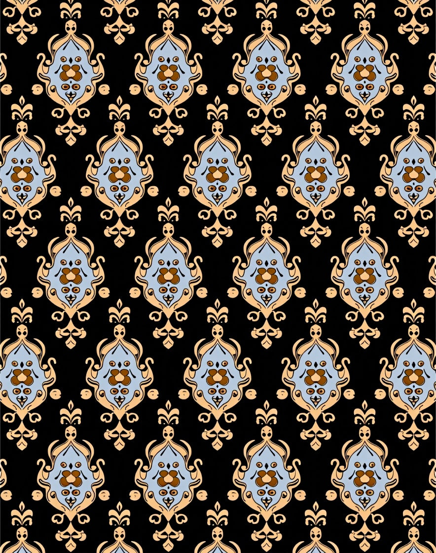 Ornate Blue Gold Damask Pattern Rug