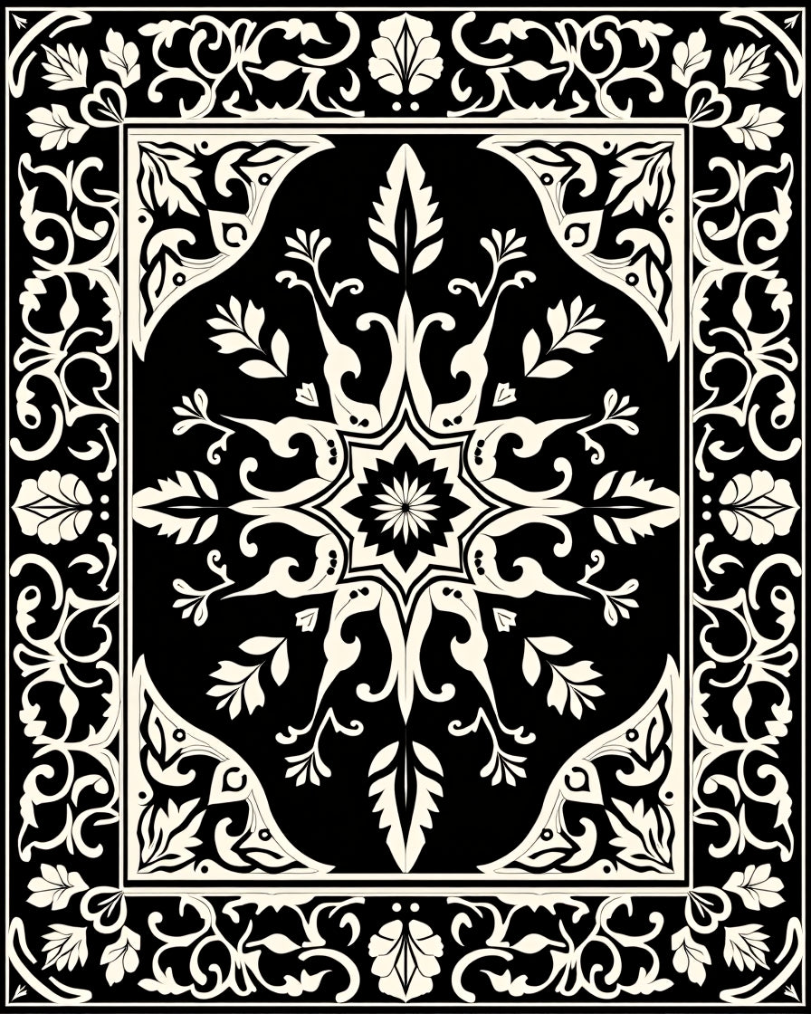 Ornate Black Cream Scroll Pattern Rug