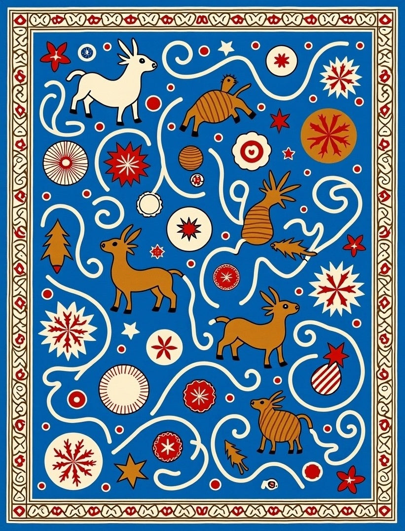 Whimsical Folk Art Animal Design Rug