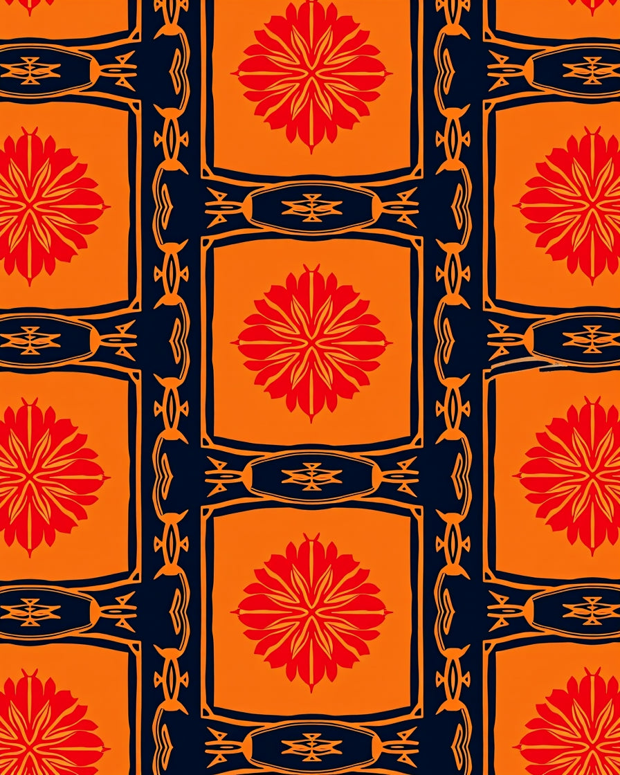 Bold Orange Red Floral Pattern Rug