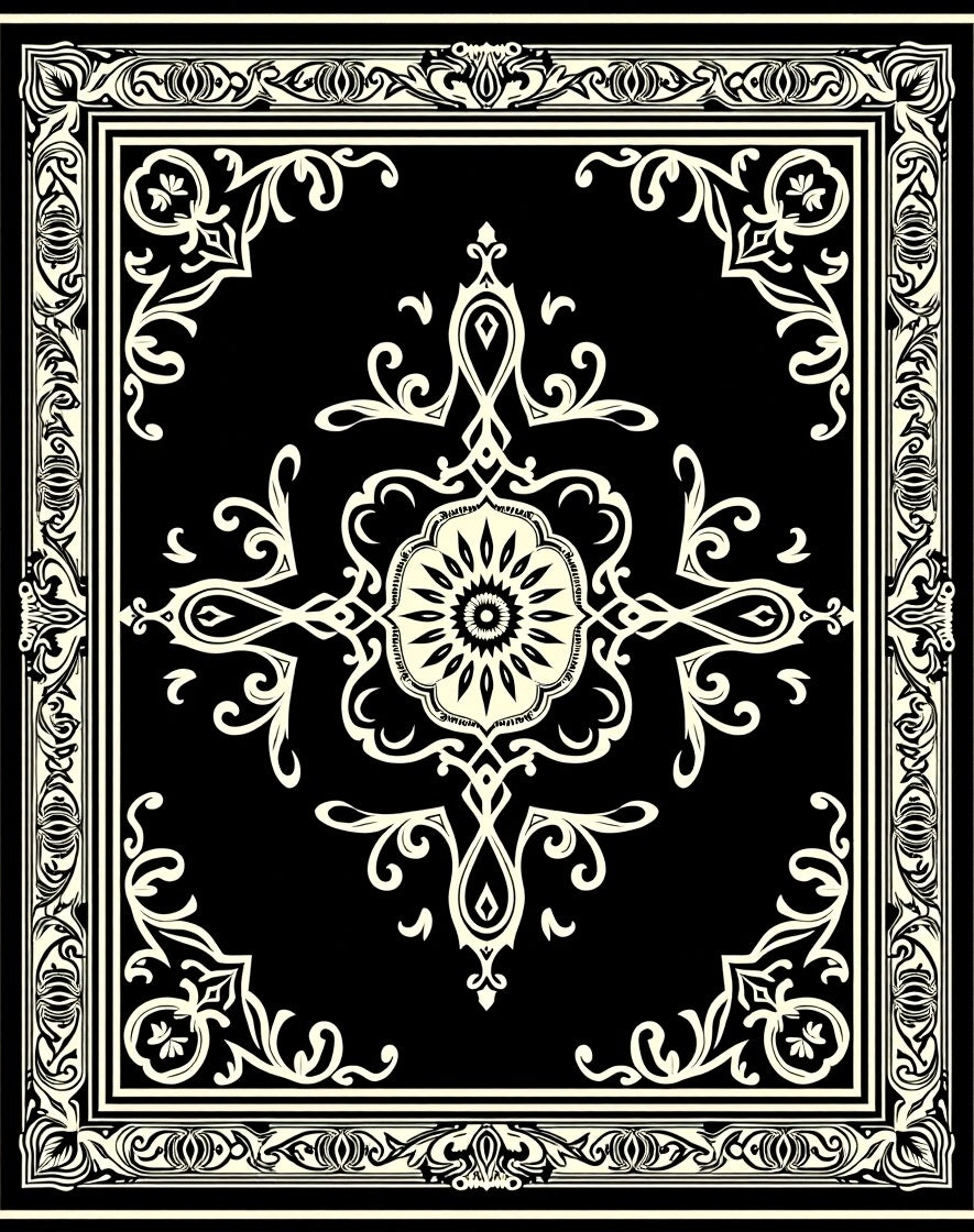 Black Cream Intricate Floral Medallion Rug