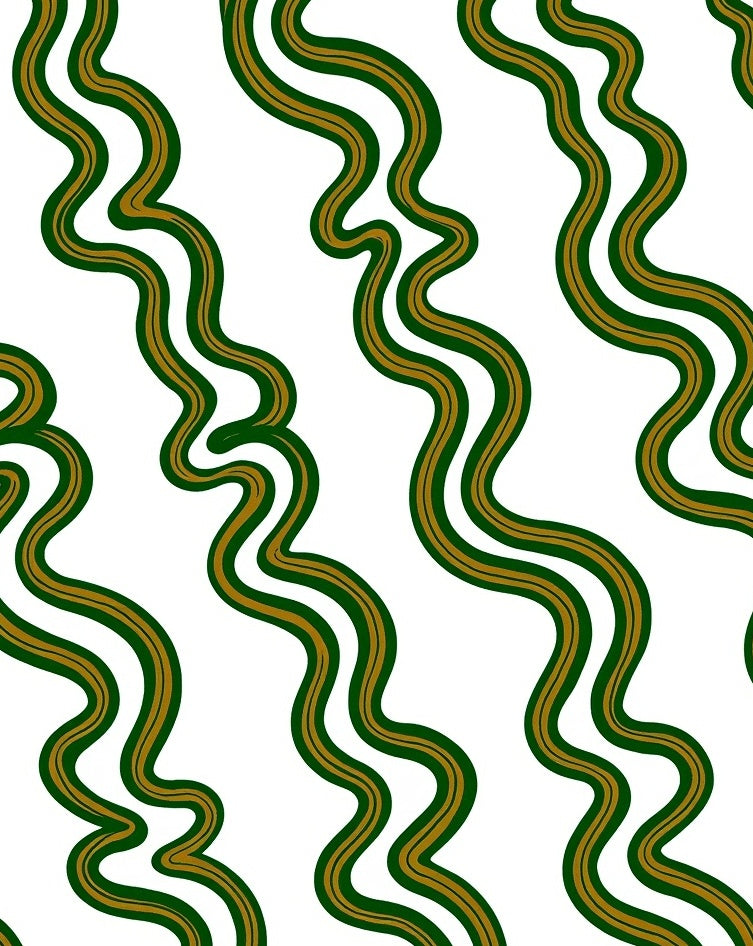 Curved Green Gold Waves Pattern Rug