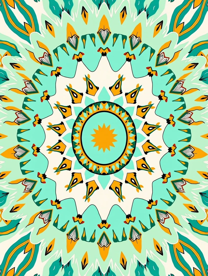 Bright Teal Orange Sunburst Mandala Rug