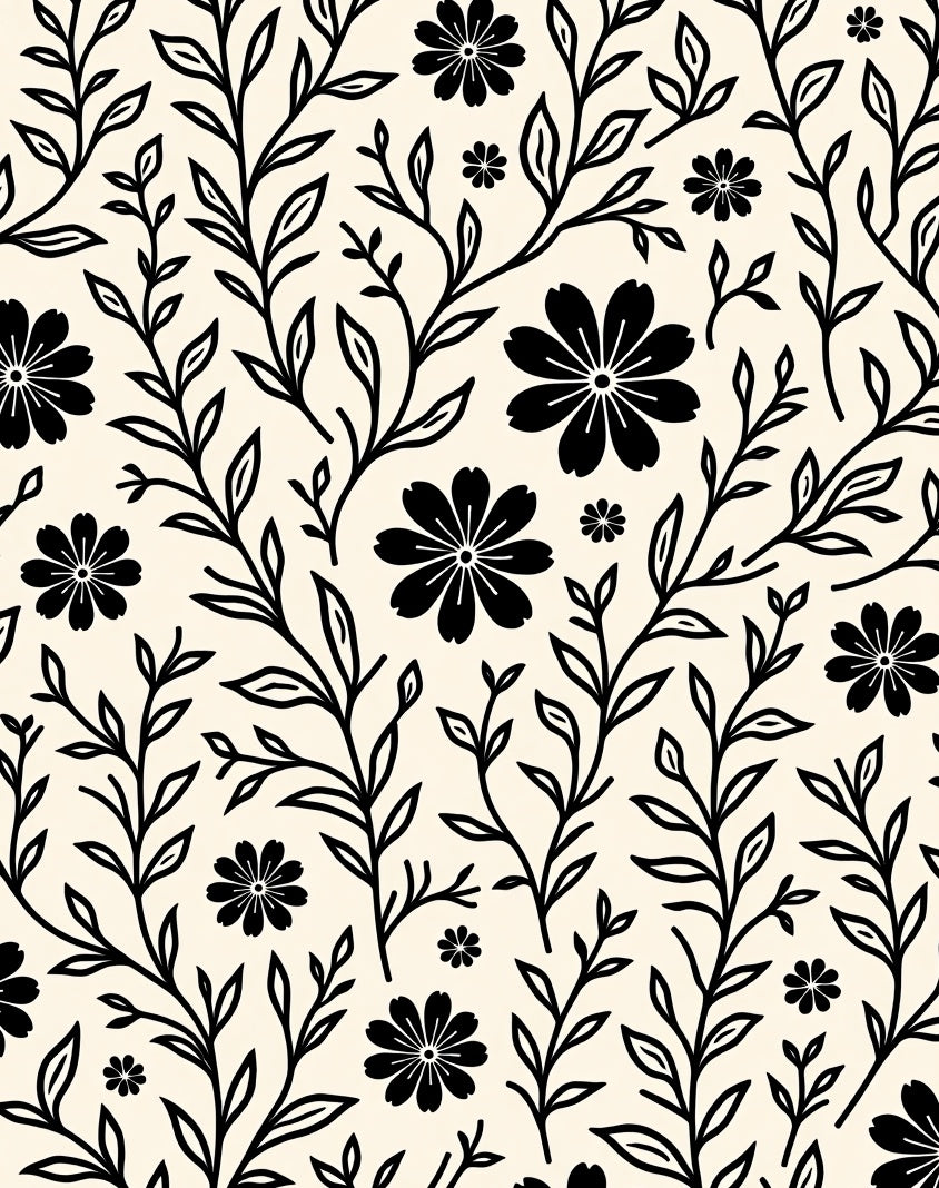 Black Floral Branch Pattern Rug