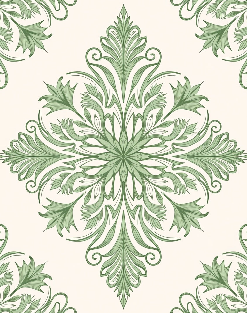 Green Floral Scroll Damask Pattern Rug
