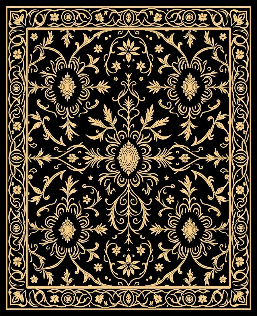 Ornate Gold Floral Scrollwork Pattern Rug