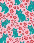 Teal Cats Red Flowers Pattern Rug