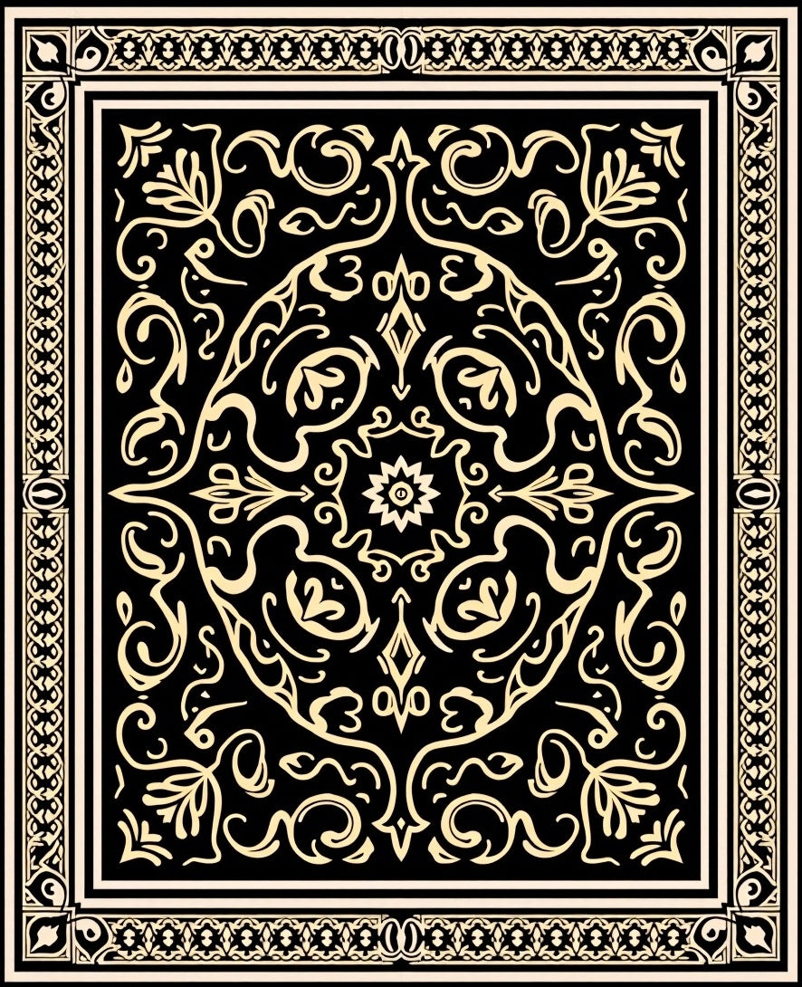 Ornate Black Gold Scrollwork Pattern Rug