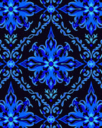Intricate Blue Floral Scroll Pattern Rug