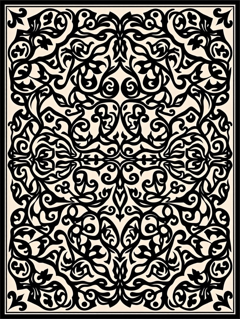 Intricate Black Cream Scroll Pattern Rug