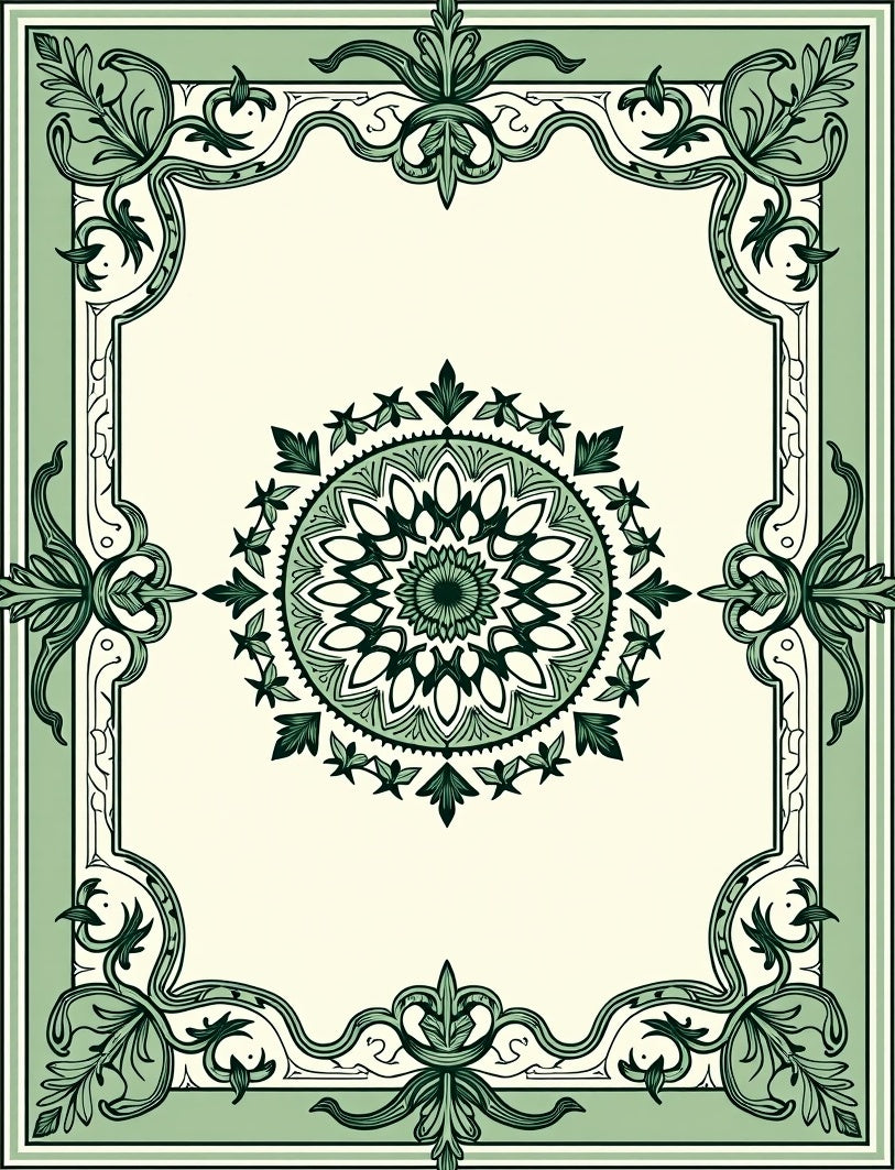 Ornate Green Floral Mandala Frame Rug