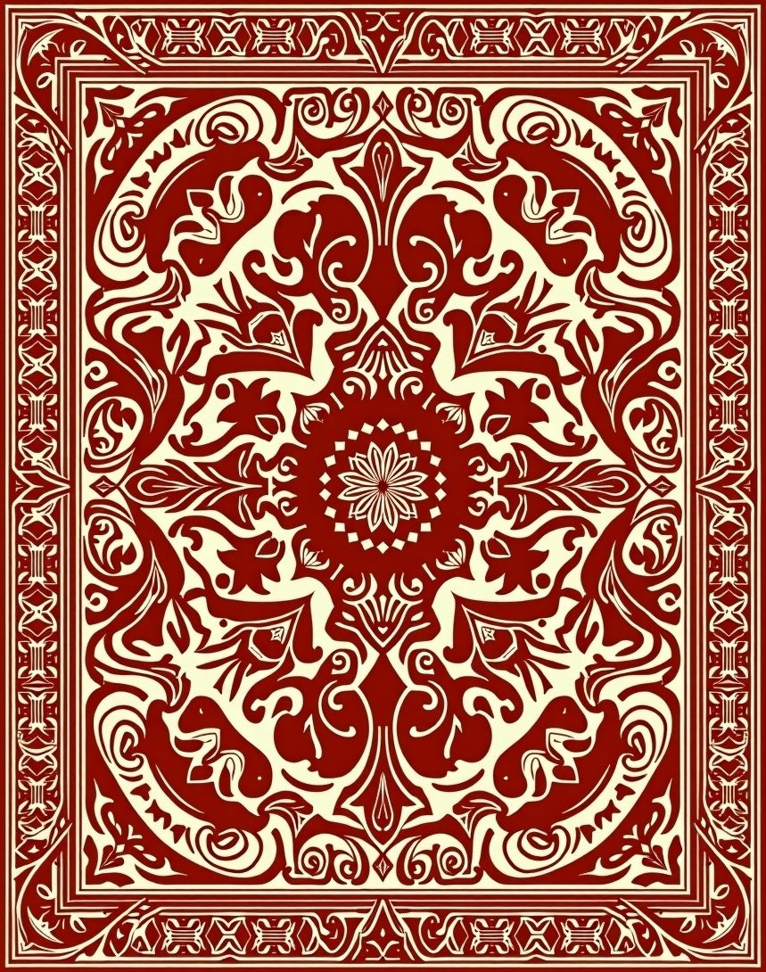 Ornate Ivory Red Floral Design Rug