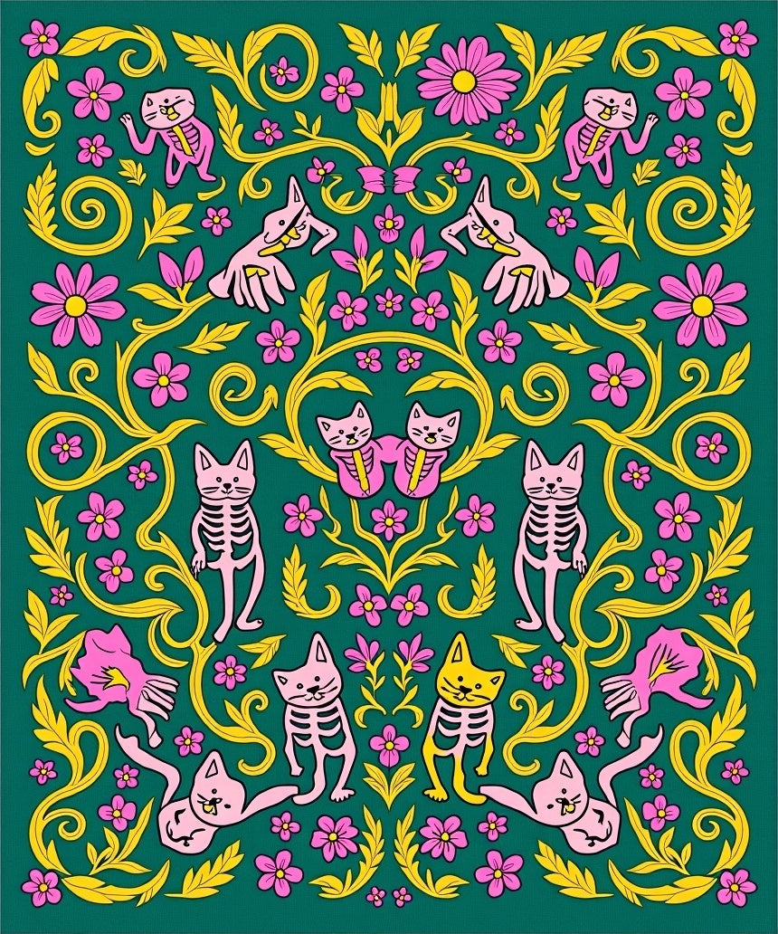 Whimsical Floral Skeleton Cats Design Rug