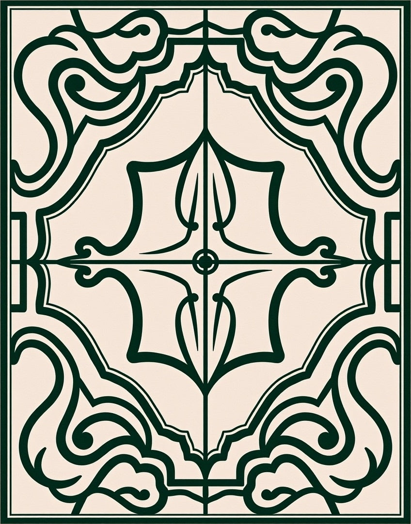 Classic Dark Green Nouveau Scroll Pattern Rug