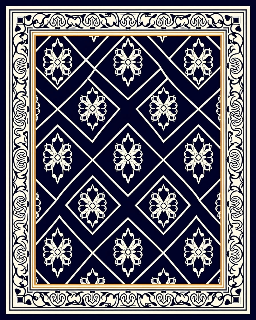 Elegant Navy White Floral Diamond Pattern Rug