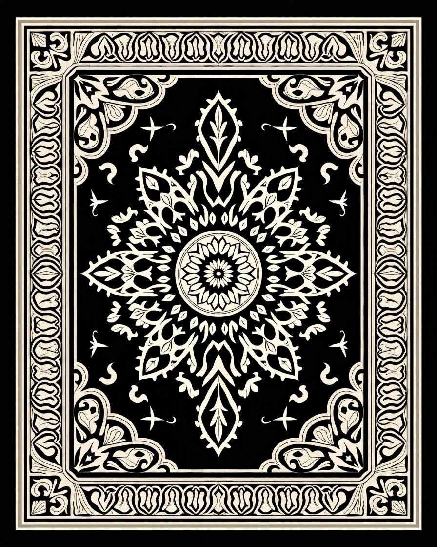 Elegant Black White Floral Mandala Rug